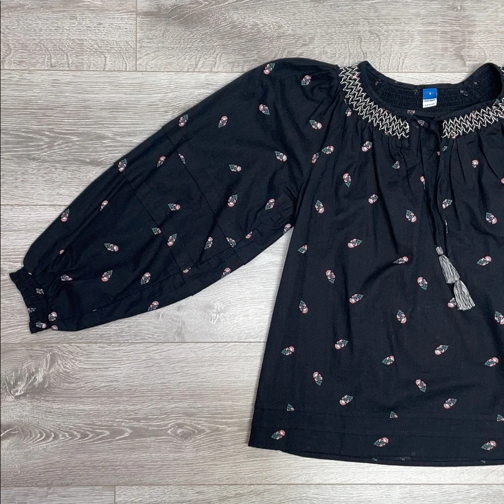 NWOT Old Navy Puff-Sleeve Floral Smocked Poet Swing Blouse Cotton Tassel Tie S
